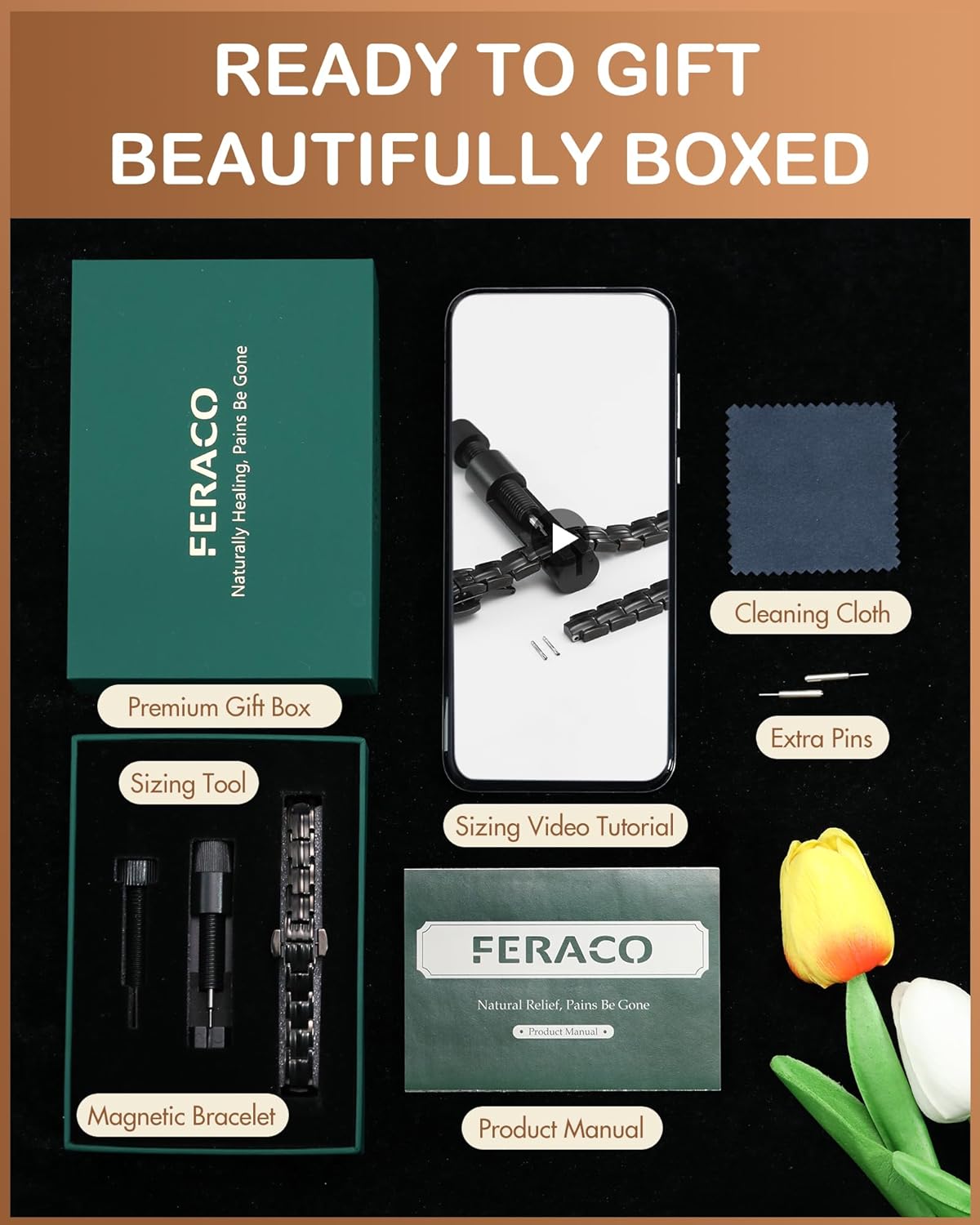 Feraco 5X Strength Magnetic Bracelets for Women, Stainless Steel Magnet Bracelet with Ultra Powerful 5000 Gauss Magnets, Upgraded Butterfly Clasp, Adjustable Jewelry Gift