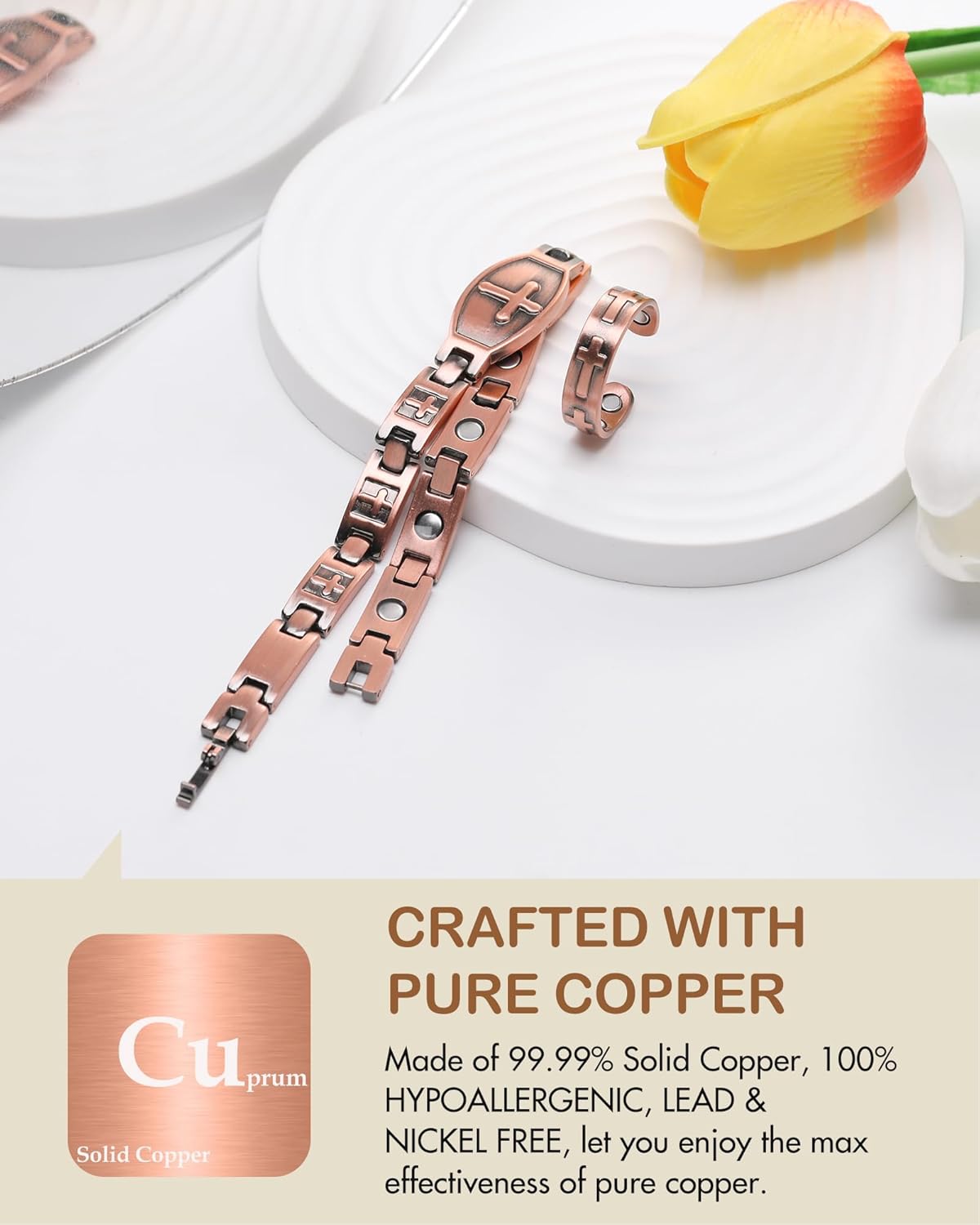 Feraco Copper Bracelets for Women, 99.99% Pure Copper Magnetic Bracelets with Effective Neodymium Magnets, Adjustable Jewelry Gift with Sizing Tool