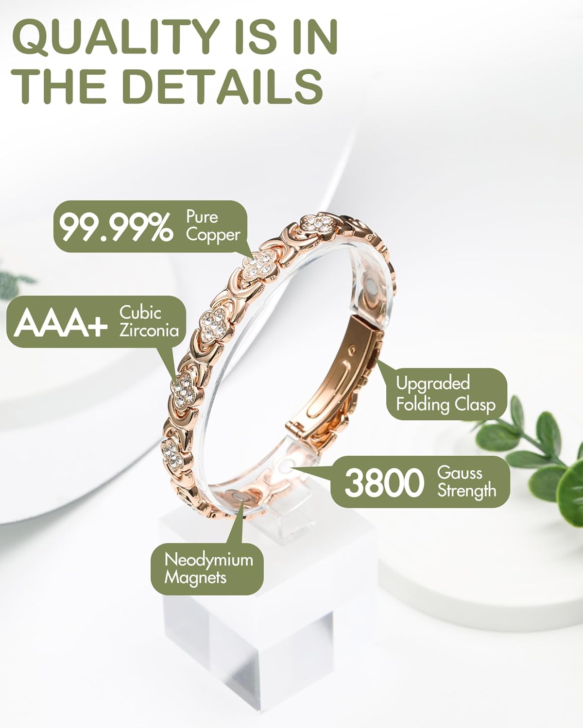 Feraco Pure Copper Bracelets for Women, Ultra Strength Magnetic Bracelet with 3800 Gauss Magnets & Sparkling Cubic Zirconia, Adjustable, Infinite Clover Jewelry