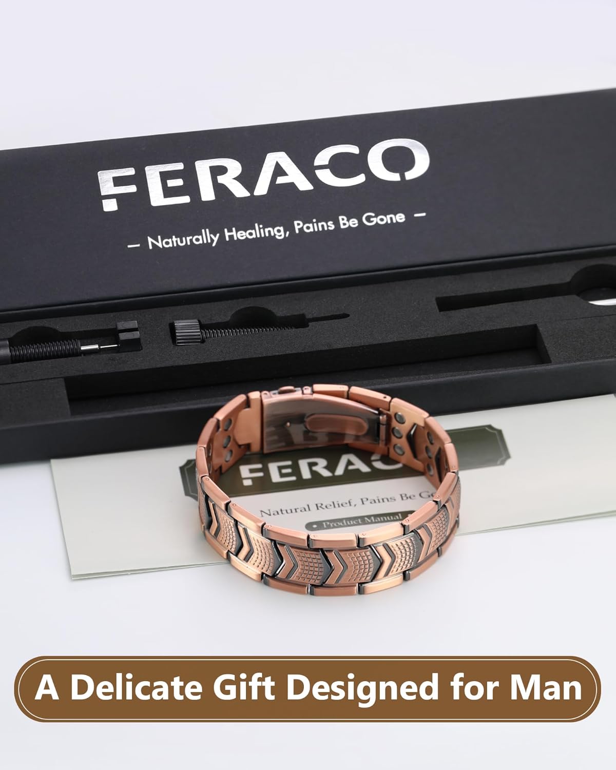 Feraco Copper Bracelet for Men 3X Strength,Magnetic Bracelet Copper Jewelry with Powerful 3800 Gauss Magnets,Premium Fold-Over Clasp(Upgrade)