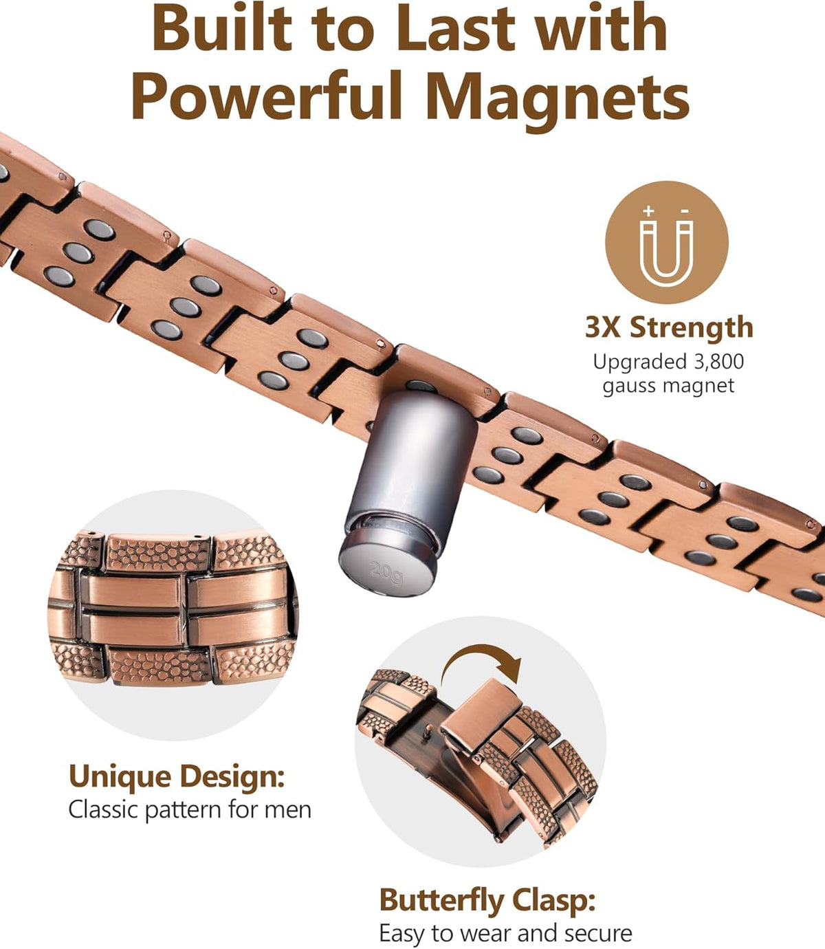 Feraco Copper Bracelet for Men 3X Strength,Magnetic Bracelet Copper Jewelry with Powerful 3800 Gauss Magnets,Premium Fold-Over Clasp