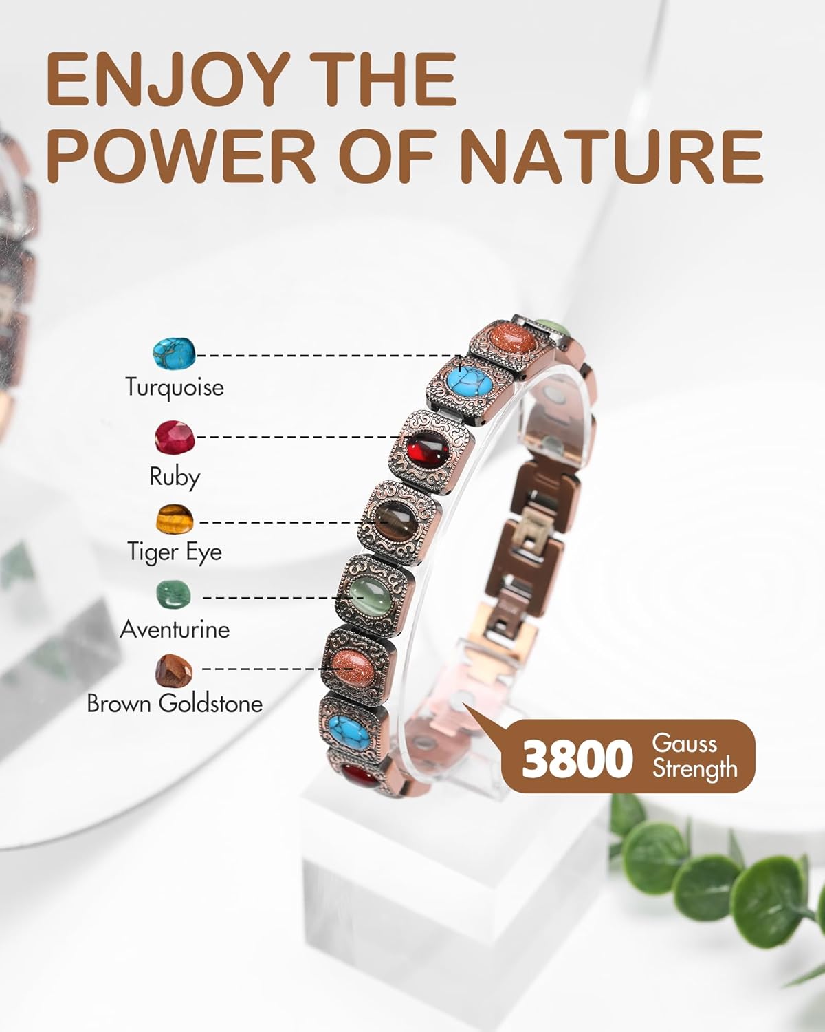 Feraco Pure Copper Bracelets for Women, Ultra Strength Magnetic Bracelet with 3800 Gauss Magnets & Natural Turquoise & Stones, Adjustable, Jewelry Gift