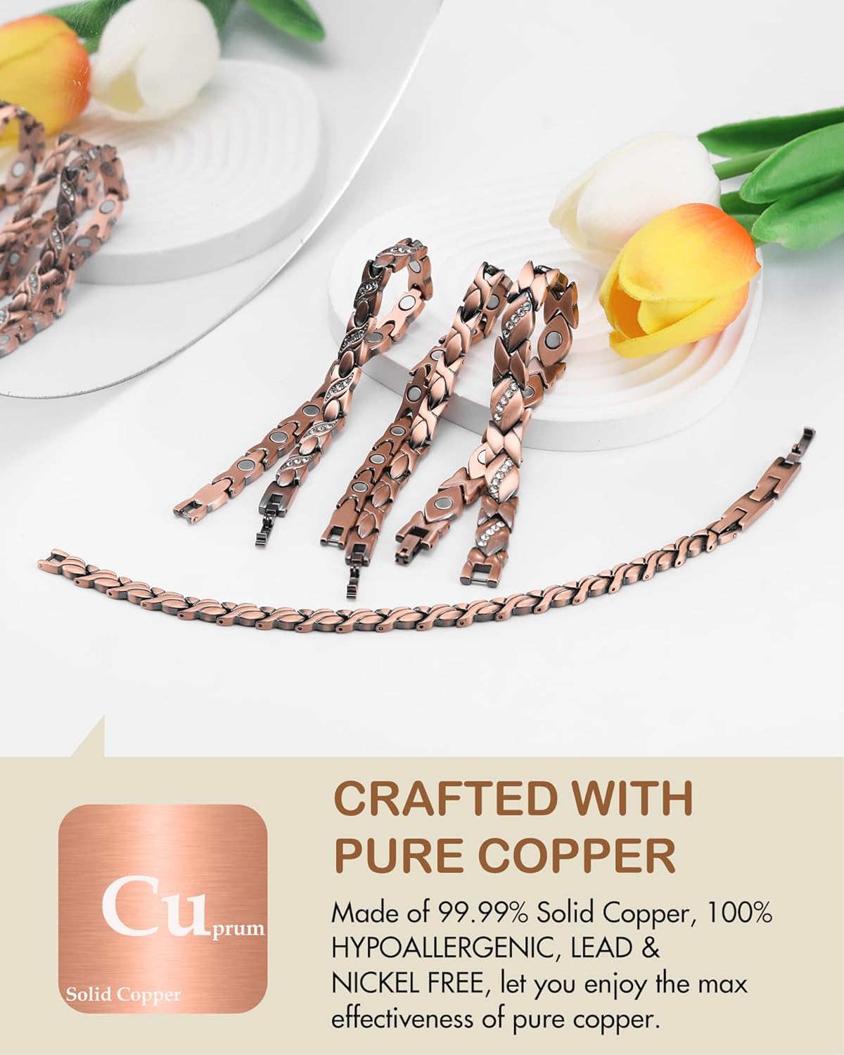Feraco Copper Bracelets for Women, 99.99% Pure Copper Magnetic Bracelets with Effective Neodymium Magnets, Adjustable Jewelry Gift with Sizing Tool