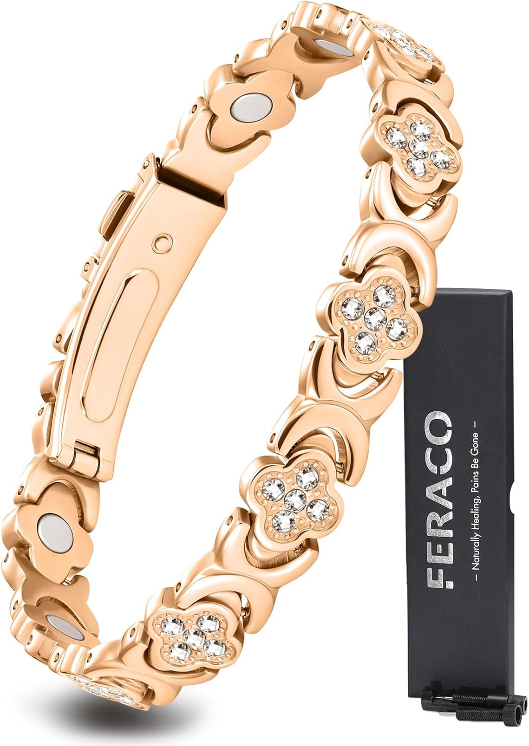 Feraco Pure Copper Bracelets for Women, Ultra Strength Magnetic Bracelet with 3800 Gauss Magnets & Sparkling Cubic Zirconia, Adjustable, Infinite Clover Jewelry