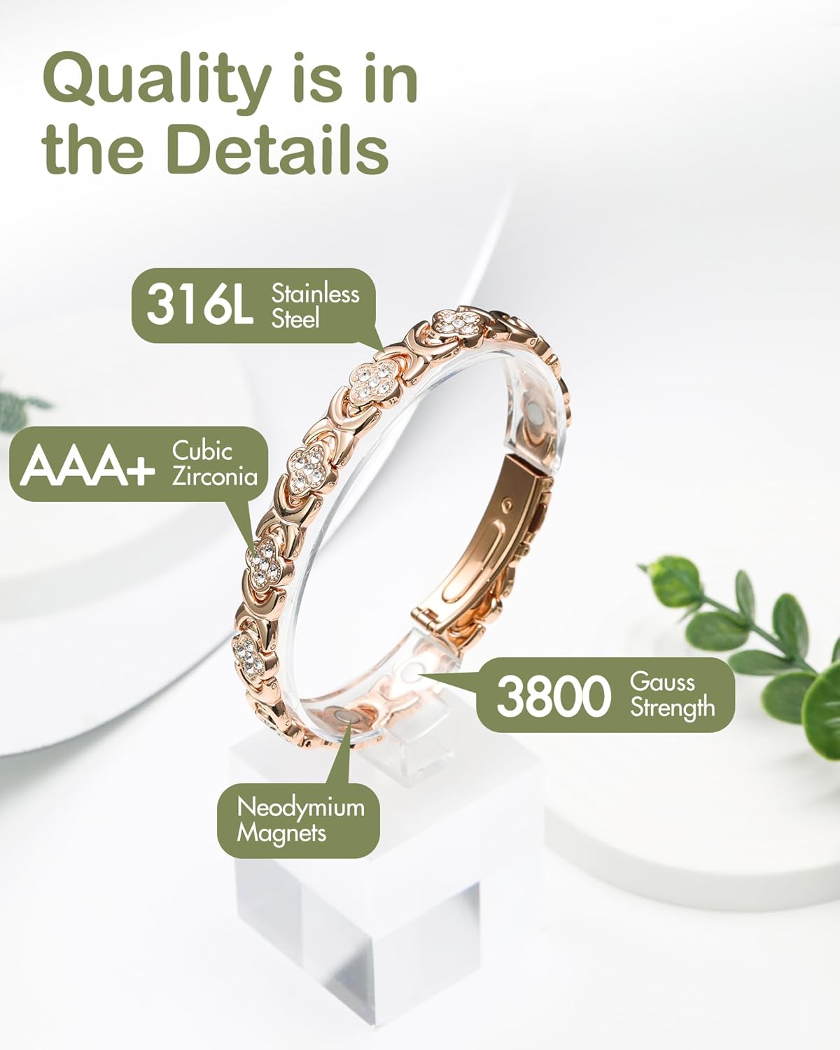 Feraco Magnetic Bracelets for Women with 3800 Gauss Effective Magnets, Stainless Steel Bracelet with Sparkling Zirconia, Infinite Symbol
