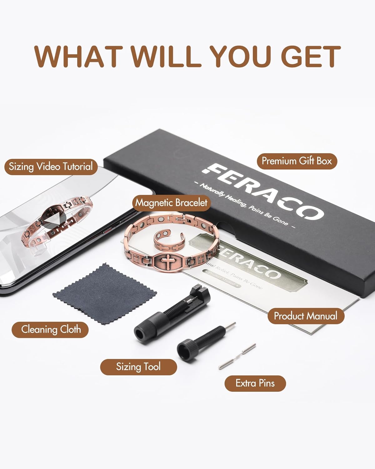 Feraco Copper Bracelets for Women, 99.99% Pure Copper Magnetic Bracelets with Effective Neodymium Magnets, Adjustable Jewelry Gift with Sizing Tool