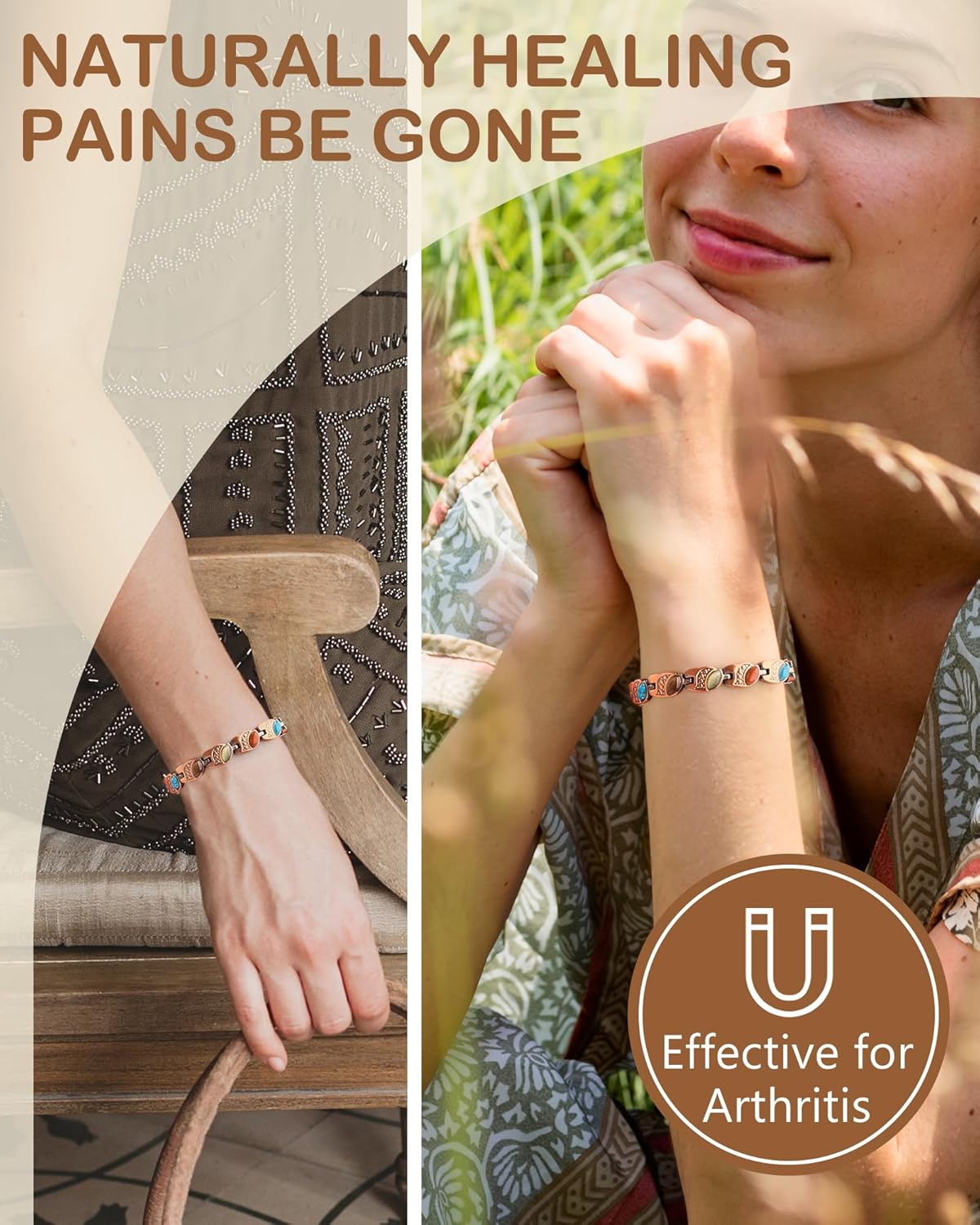 Feraco Pure Copper Bracelets for Women, Ultra Strength Magnetic Bracelet with 3800 Gauss Magnets & Natural Turquoise & Stones, Adjustable, Jewelry Gift