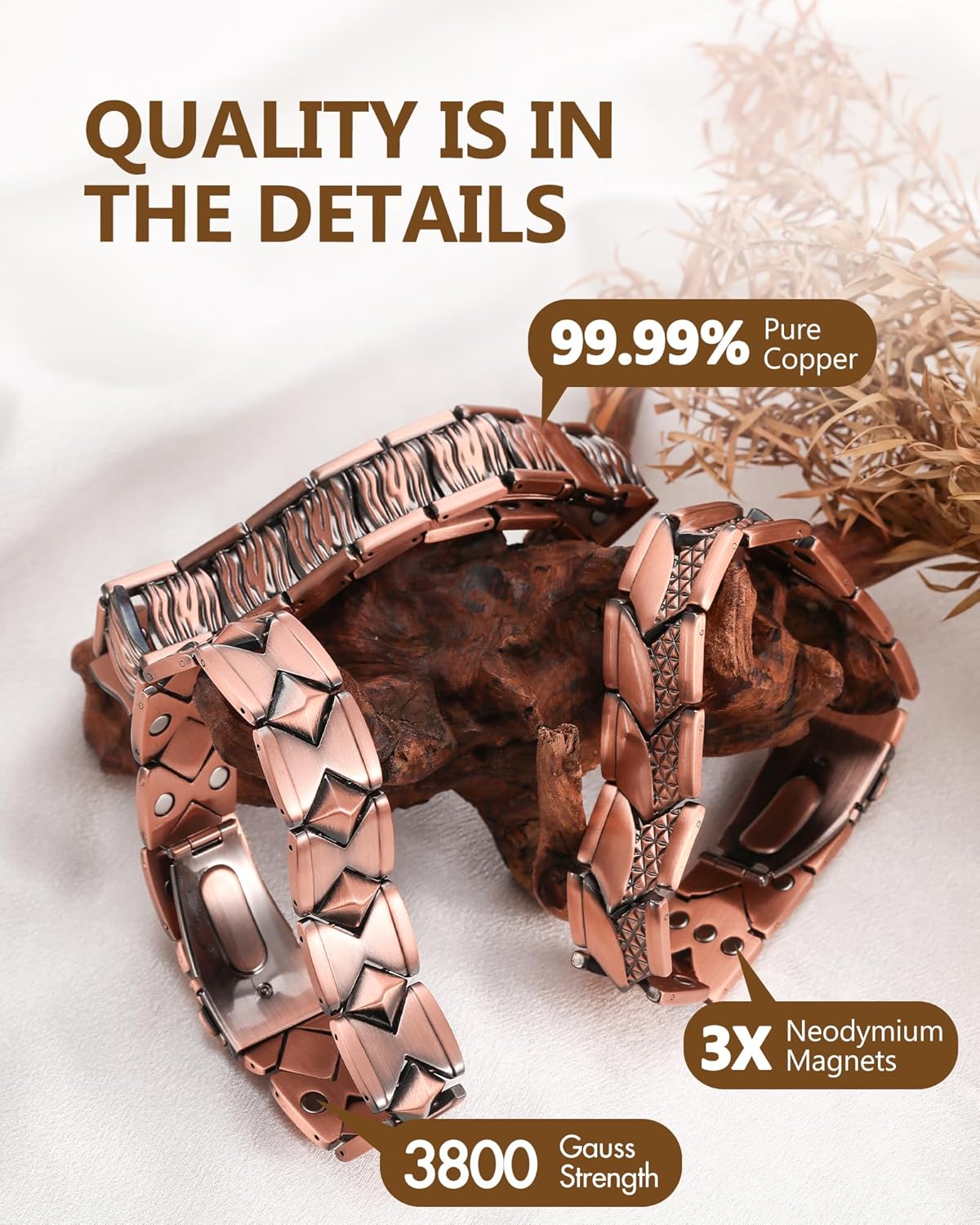 Feraco Copper Bracelet for Men,3X Strength Magnetic Cooper Bracelets with 3800 Gauss, Men's 99.99% Pure Copper Jewelry