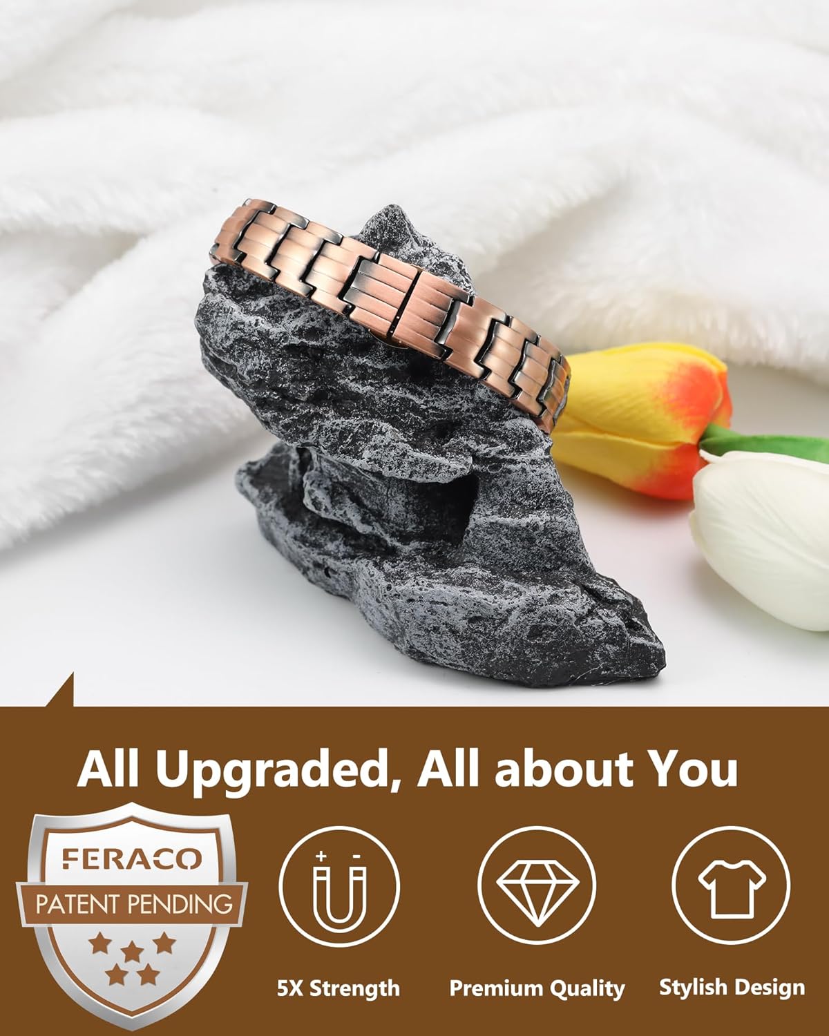 Feraco 5X Strength Copper Magnetic Bracelet for Men - 99.99% Pure Copper with 3800 Gauss Magnets,Magnetic Gifts for Him