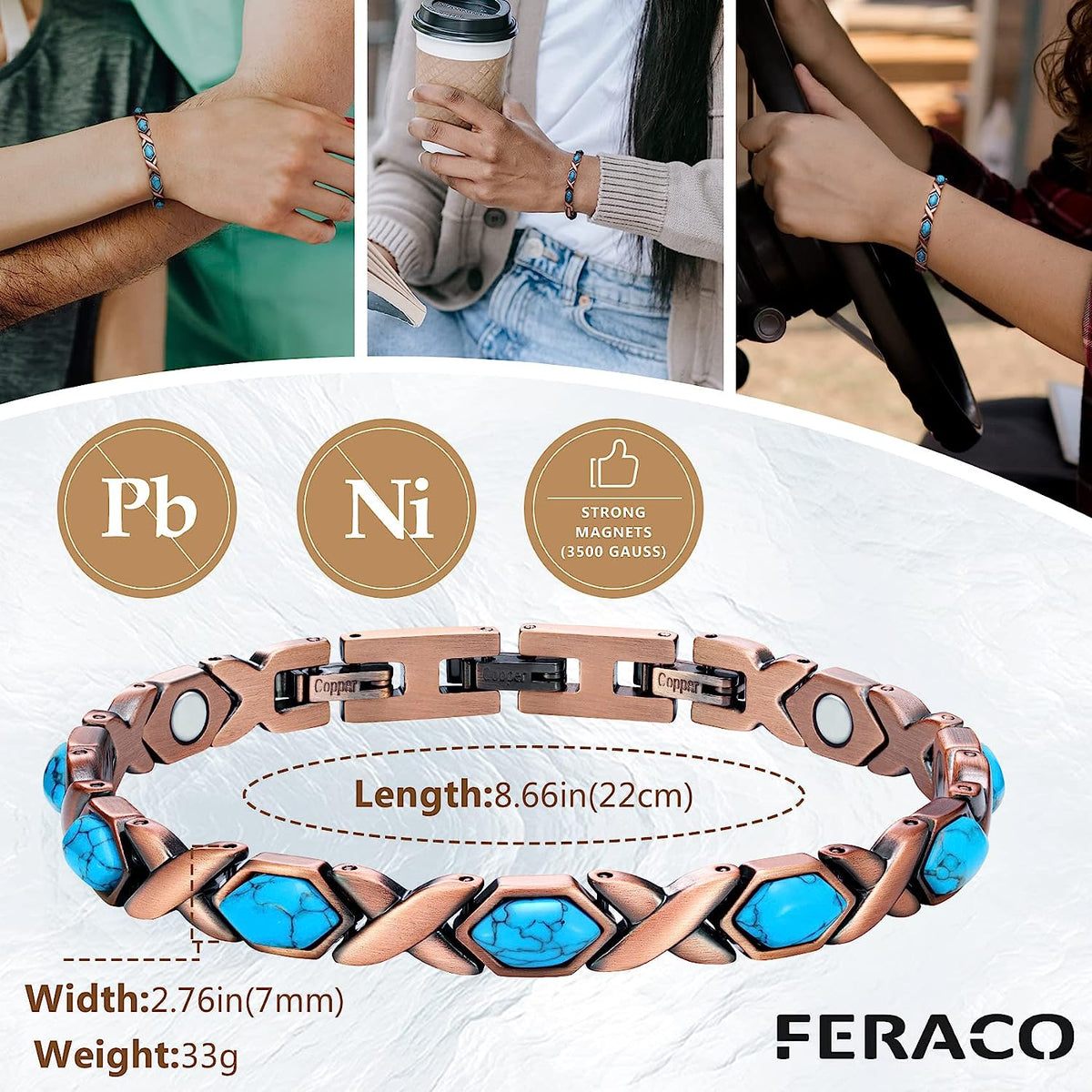 Blue Natural Turquoise Pure Copper Magnetic Bracelets