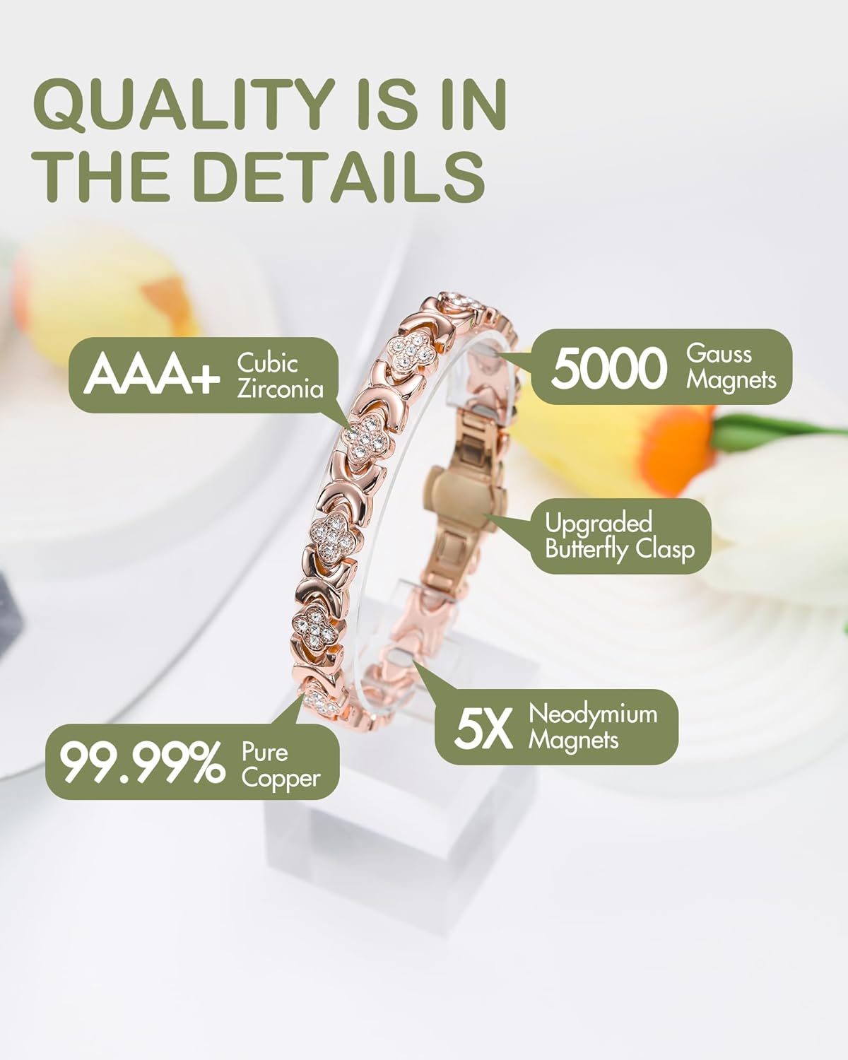 Feraco Pure Copper Bracelets for Women, 5X Ultra Strength Magnetic Bracelet with 5000 Gauss Neodymium Magnets & Upgraded Butterfly Clasp, Adjustable Jewelry Gift