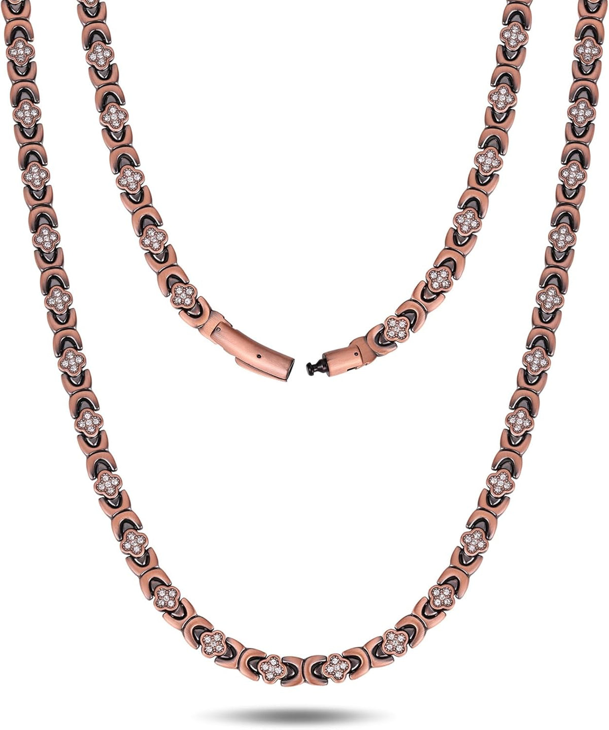 Feraco Copper Necklace for Women, 99.99% Pure Copper Magnetic Chains with 3500 Gauss Ultra Strength Neodymium Magnets & Sparkling Cubic Zirconia, Adjustable CloverJewelry Gift