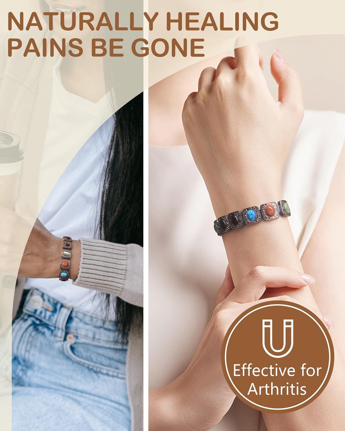Feraco Pure Copper Bracelets for Women, Ultra Strength Magnetic Bracelet with 3800 Gauss Magnets & Natural Turquoise & Stones, Adjustable, Jewelry Gift