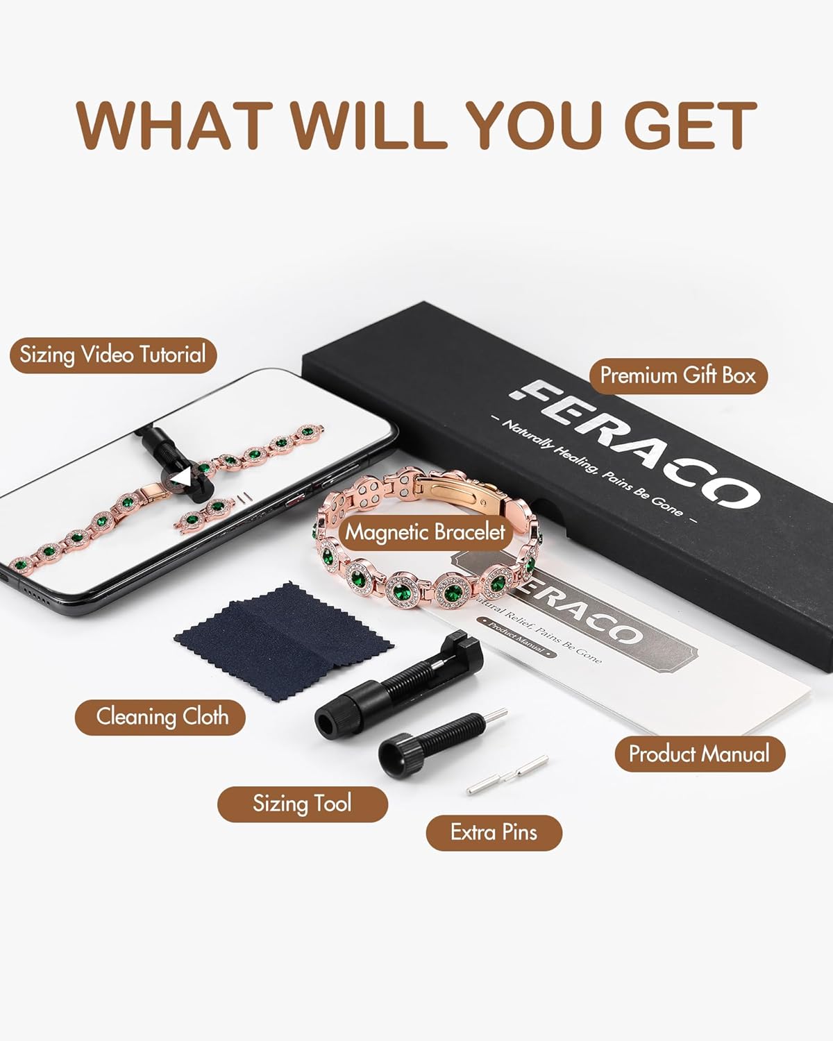 Feraco Pure Copper Bracelets for Women, 4X Ultra Strength Magnetic Bracelet with 3800 Gauss Neodymium Magnets & Dazzling Austrian Cut Crystals Stone, Adjustable Jewelry Gift