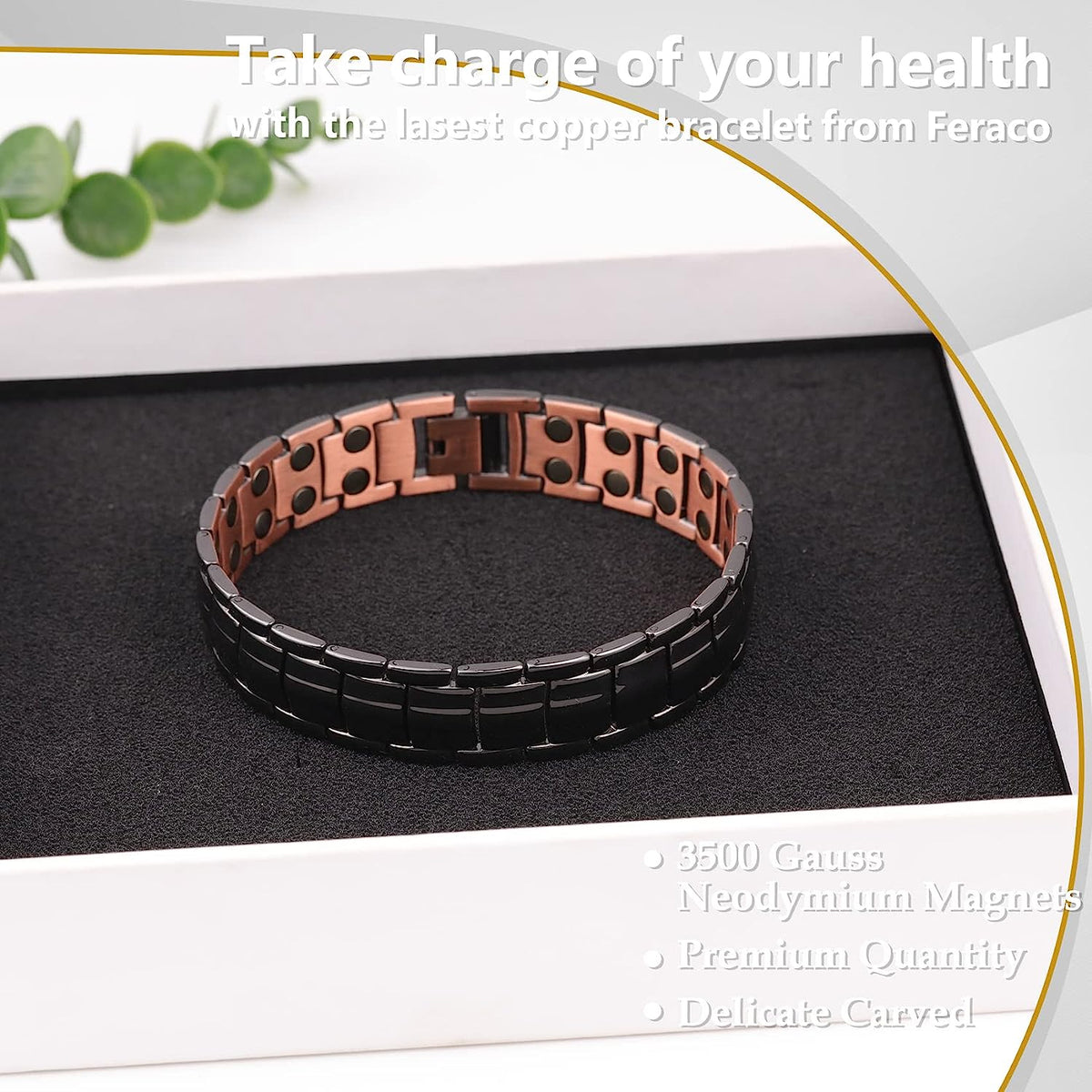 Black Men's Copper Bracelets with Double-Row Strong Magnets