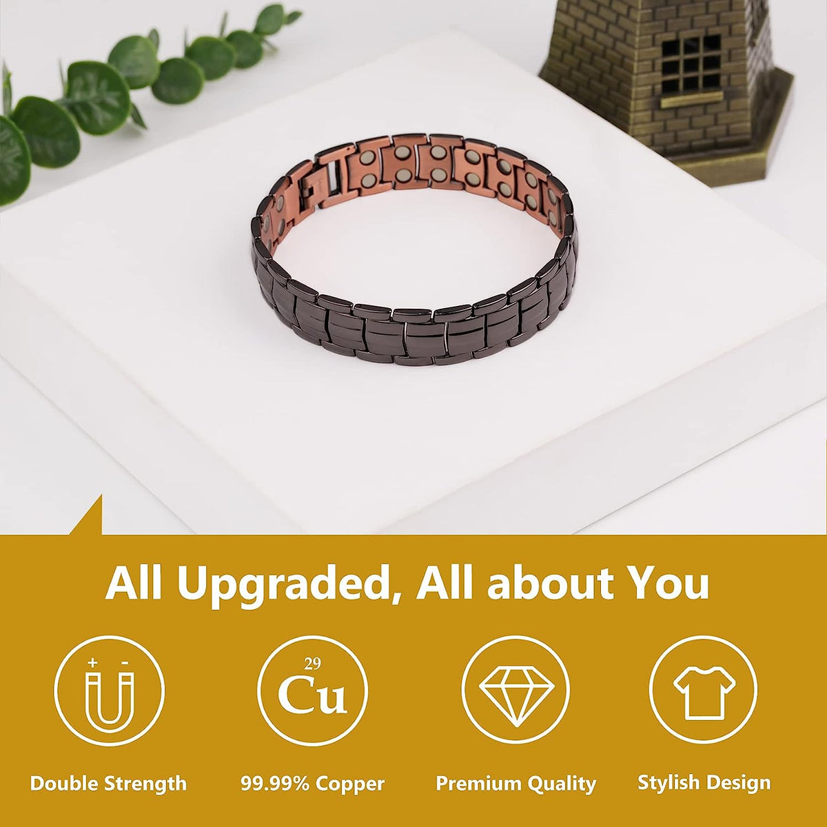 Black Men's Copper Bracelets with Double-Row Strong Magnets
