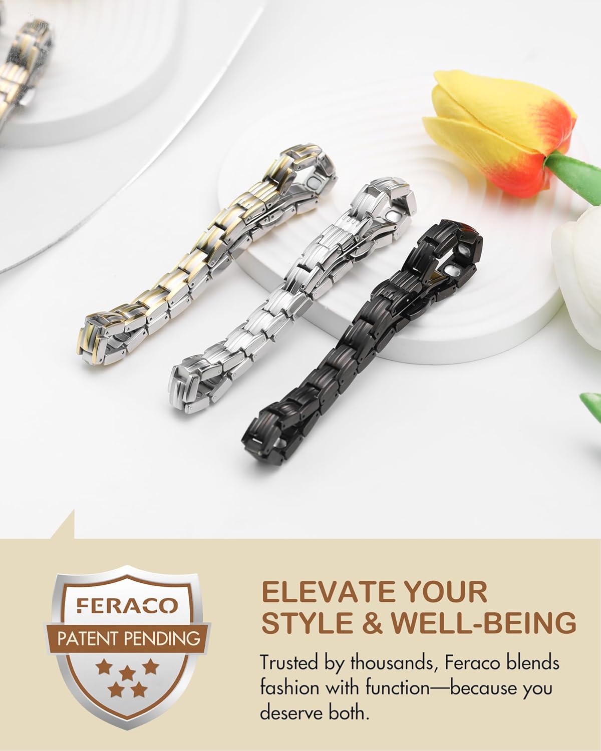 Feraco 5X Strength Magnetic Bracelets for Women, Stainless Steel Magnet Bracelet with Ultra Powerful 5000 Gauss Magnets, Upgraded Butterfly Clasp, Adjustable Jewelry Gift
