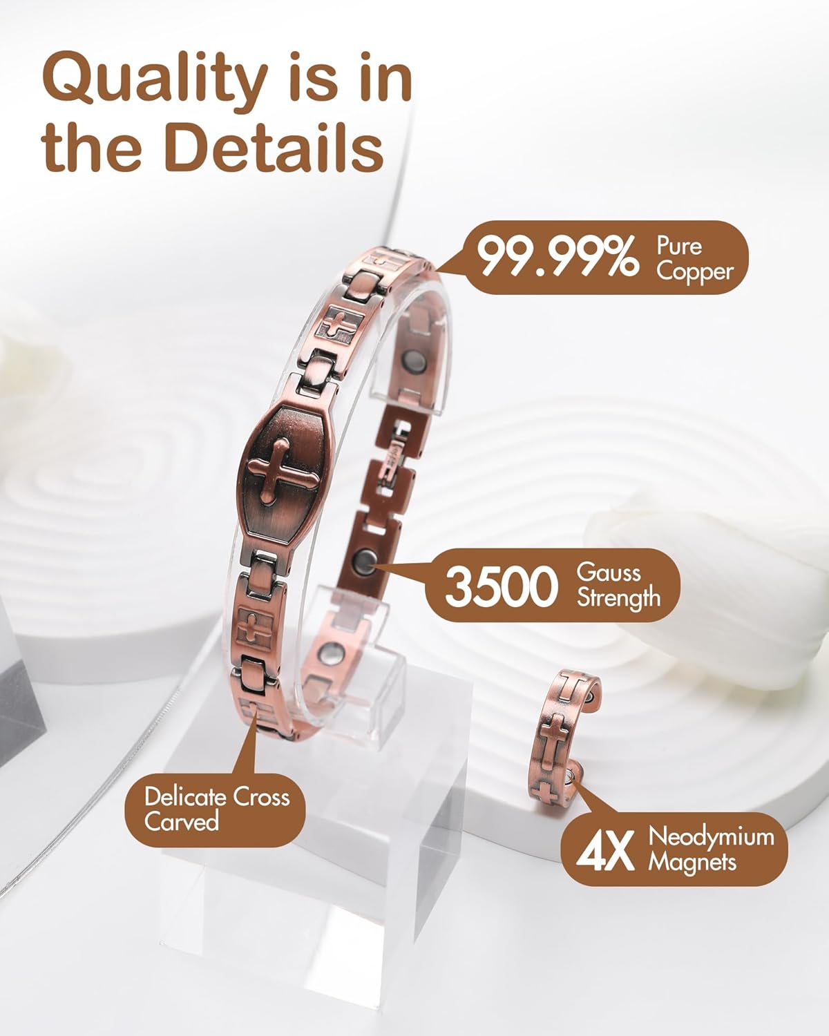 Feraco Copper Bracelets for Women, 99.99% Pure Copper Magnetic Bracelets with Effective Neodymium Magnets, Adjustable Jewelry Gift with Sizing Tool