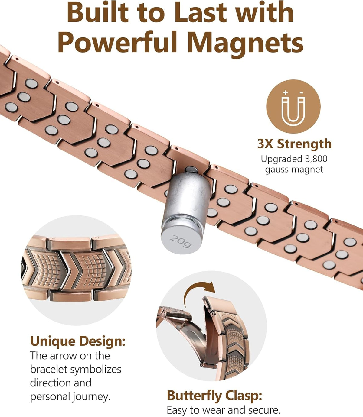 Feraco Copper Bracelet for Men 3X Strength,Magnetic Bracelet Copper Jewelry with Powerful 3800 Gauss Magnets,Premium Fold-Over Clasp(Upgrade)