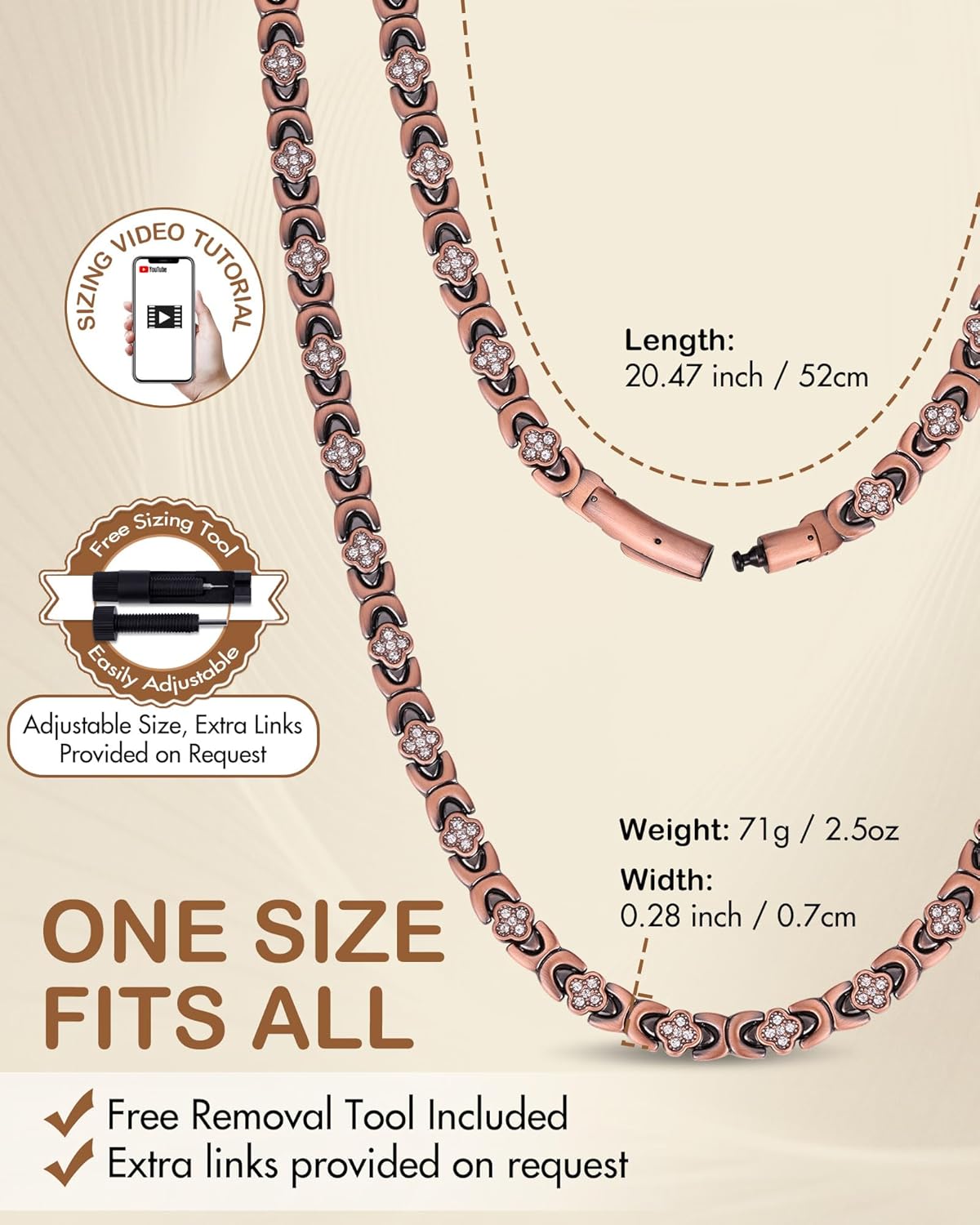 Feraco Copper Necklace for Women, 99.99% Pure Copper Magnetic Chains with 3500 Gauss Ultra Strength Neodymium Magnets & Sparkling Cubic Zirconia, Adjustable CloverJewelry Gift