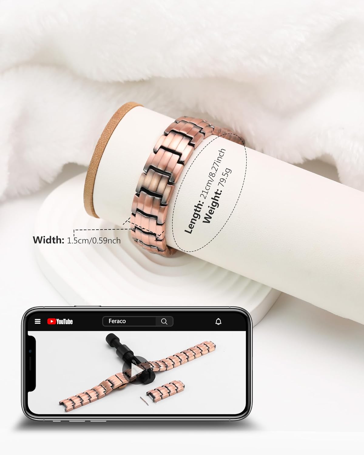 Feraco 5X Strength Copper Magnetic Bracelet for Men - 99.99% Pure Copper with 3800 Gauss Magnets,Magnetic Gifts for Him