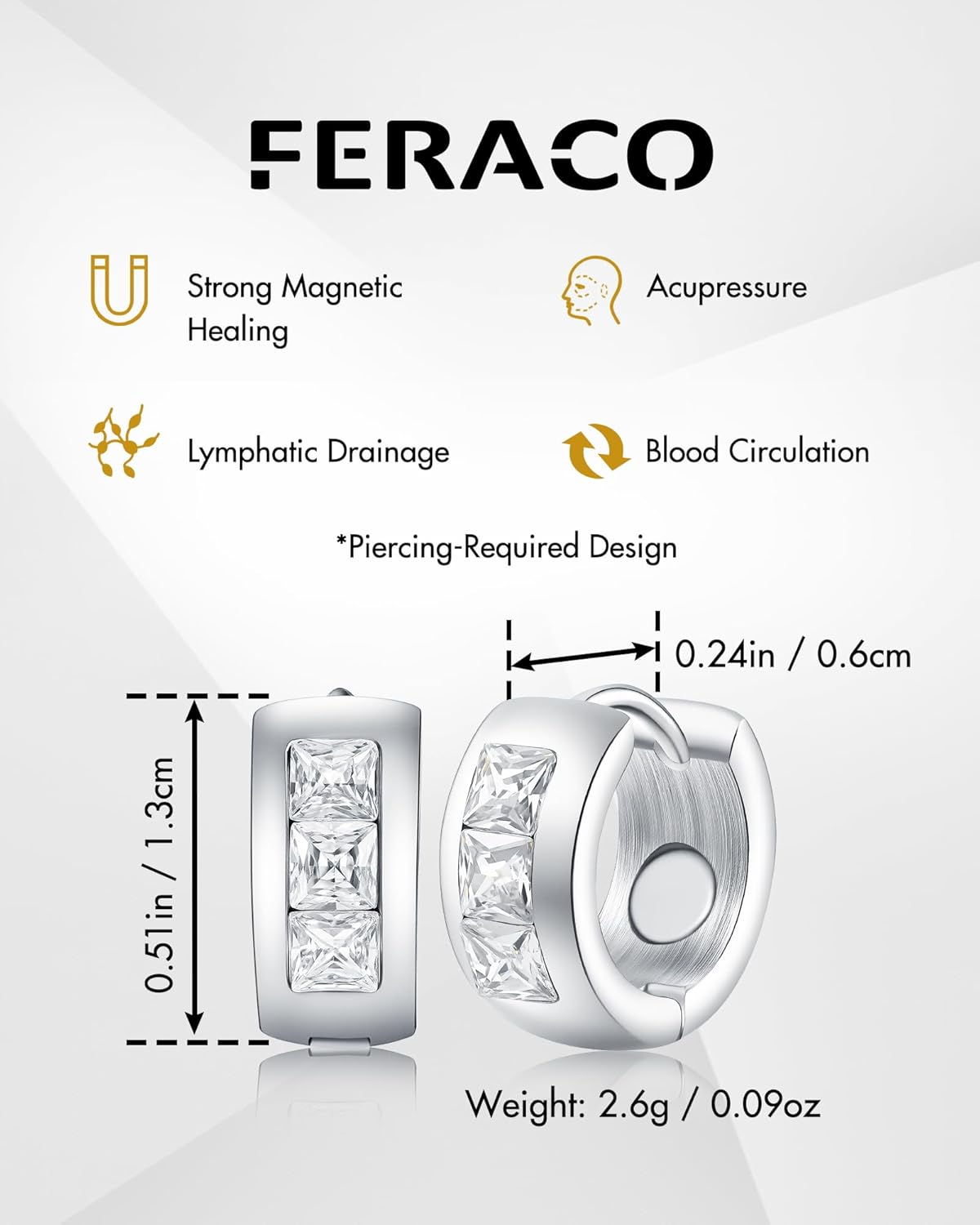 Feraco Magnetic Hoop Earrings for Women with 3500 Gauss Neodymium Magnet, 316L Stainless Steel Magnetic Jewelry