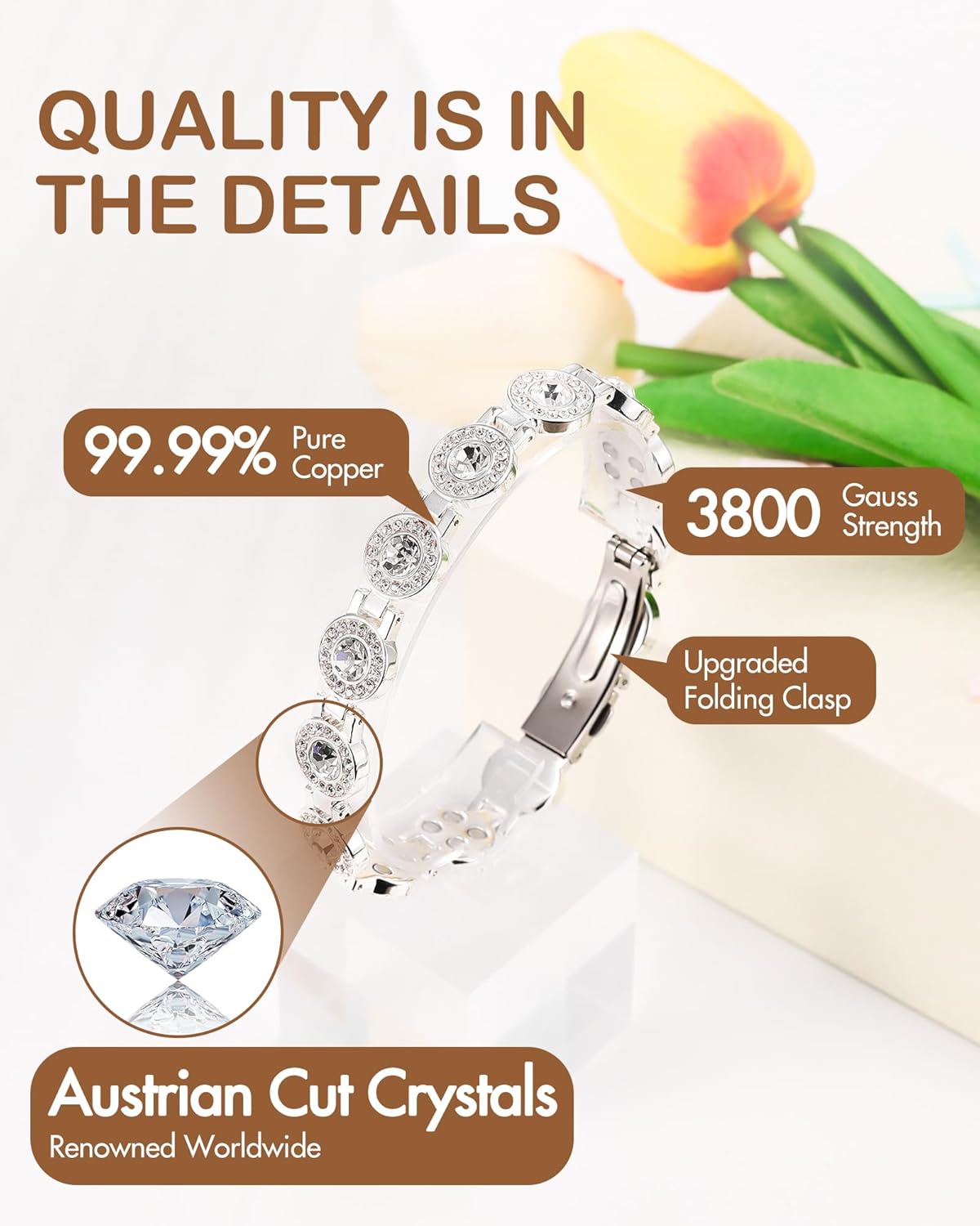 Feraco Pure Copper Bracelets for Women, 4X Ultra Strength Magnetic Bracelet with 3800 Gauss Neodymium Magnets & Dazzling Austrian Cut Crystals Stone, Adjustable Jewelry Gift