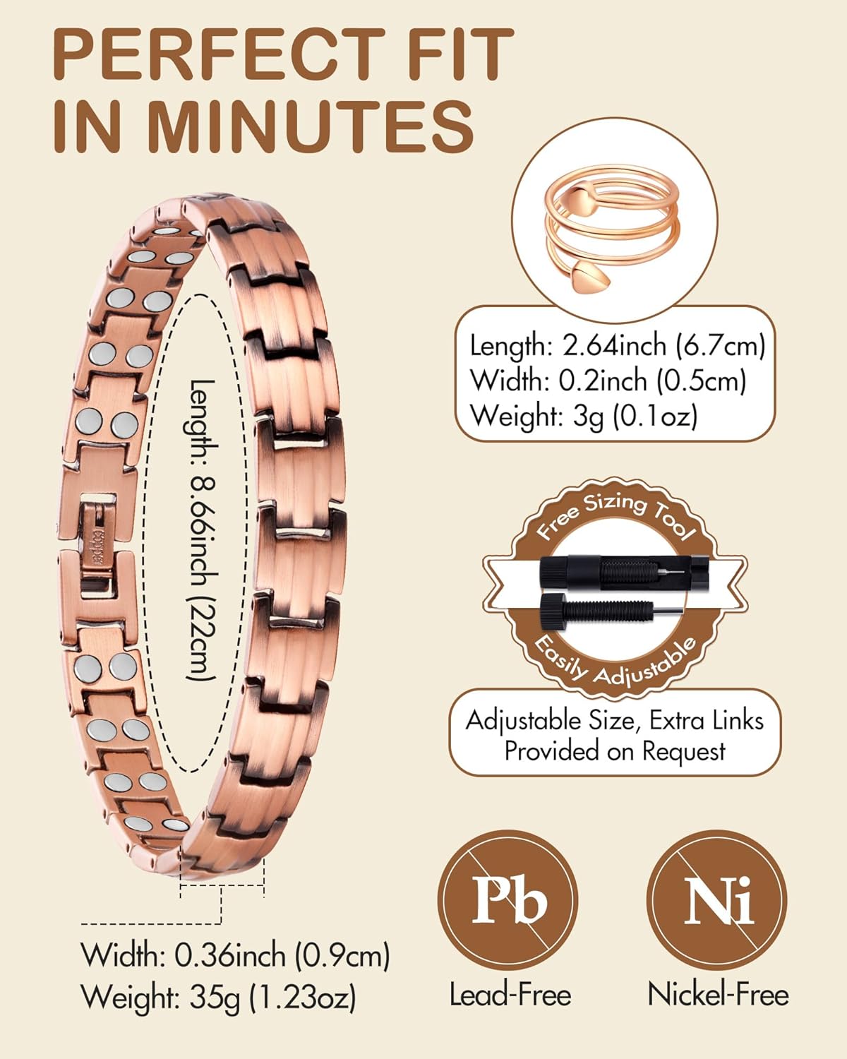 Feraco Copper Bracelets & Ring for Women, 2X Ultra Strength Magnetic Bracelet with 3500 Gauss Magnets, Adjustable with Sizing Tool, 99.99% Pure Copper Jewelry