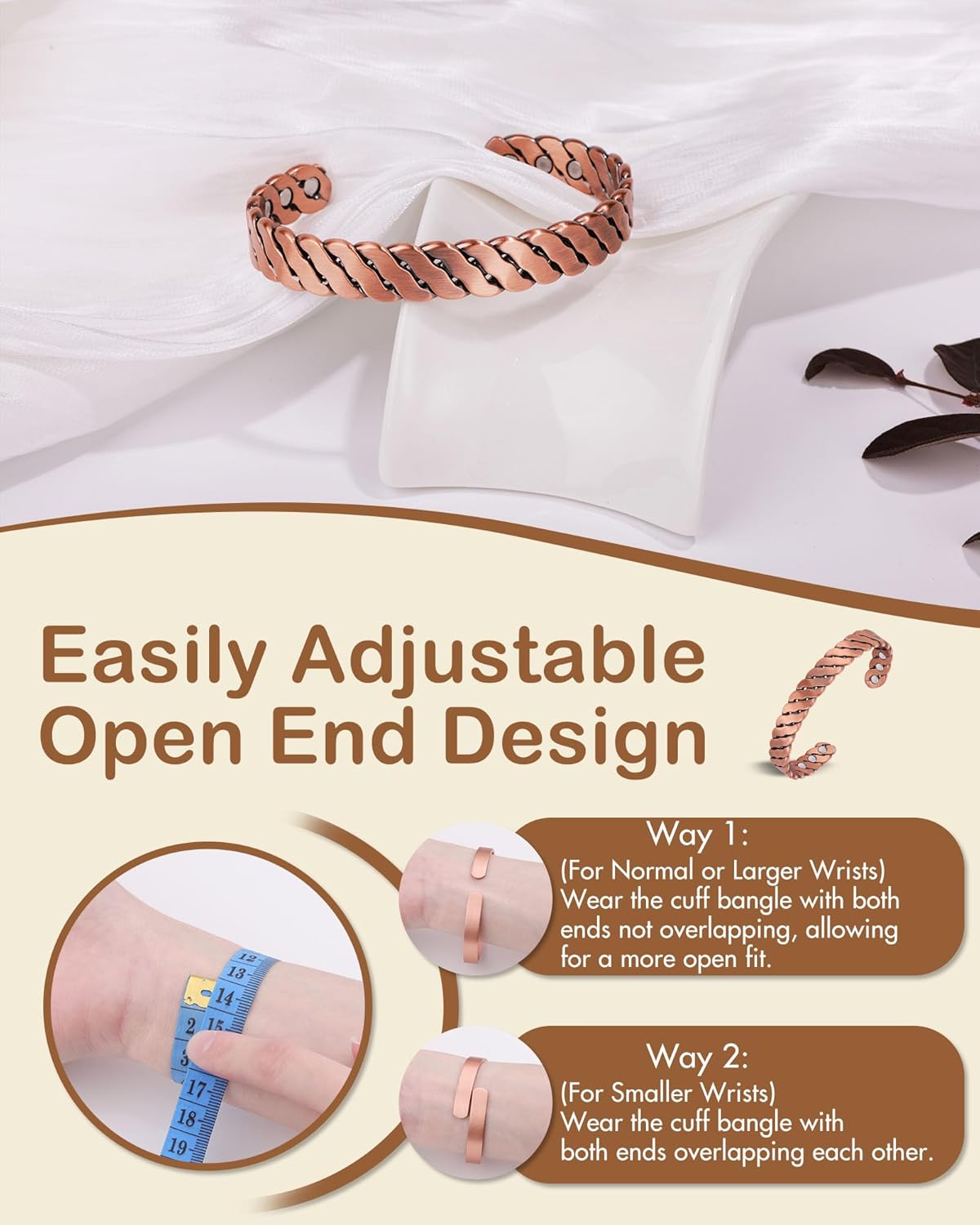 Feraco Pure Copper Bracelet for Men Women, Enhanced Strength Magnetic Bracelet with 3800 Gauss Neodymium Magnets, Solid Copper Cuff Bangle, Adjustable Jewelry Gift (TwistFlow)