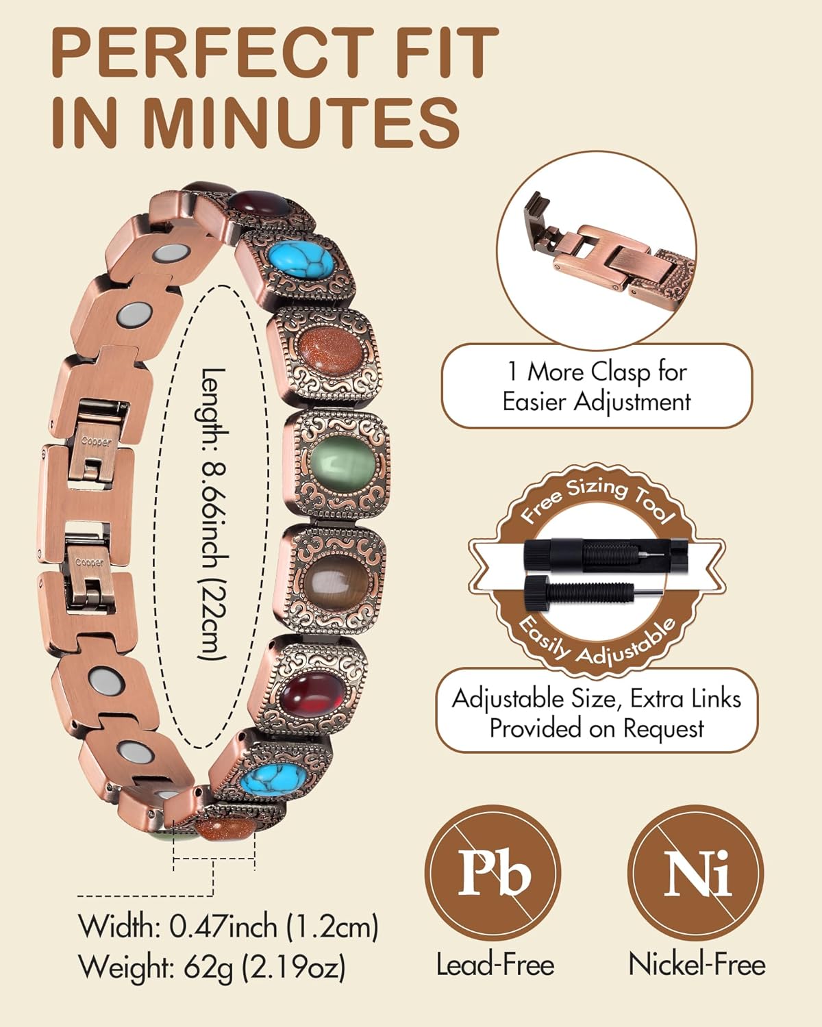 Feraco Pure Copper Bracelets for Women, Ultra Strength Magnetic Bracelet with 3800 Gauss Magnets & Natural Turquoise & Stones, Adjustable, Jewelry Gift