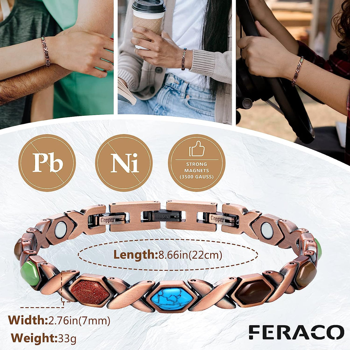 Colorful Natural Turquoise Pure Copper Magnetic Bracelets