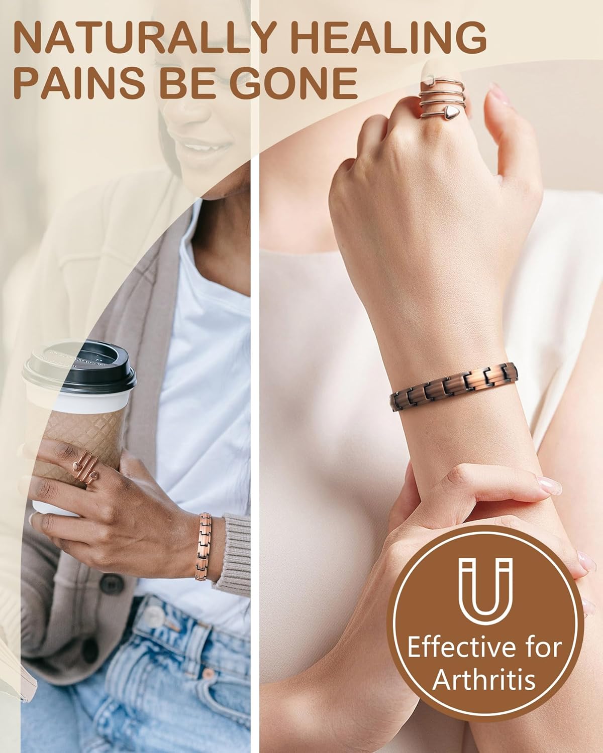 Feraco Copper Bracelets & Ring for Women, 2X Ultra Strength Magnetic Bracelet with 3500 Gauss Magnets, Adjustable with Sizing Tool, 99.99% Pure Copper Jewelry