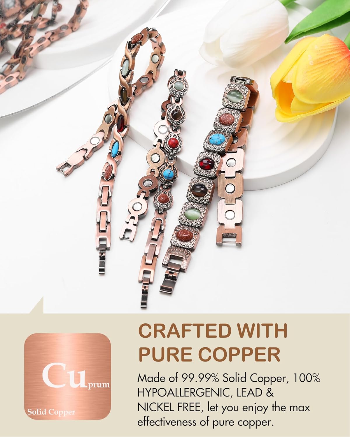 Feraco Pure Copper Bracelets for Women, Ultra Strength Magnetic Bracelet with 3800 Gauss Magnets & Natural Turquoise & Stones, Adjustable, Jewelry Gift
